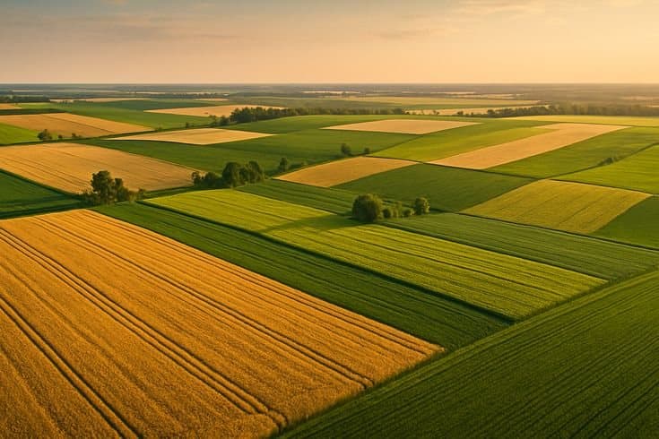 Aerial view of farmland at sunrise
